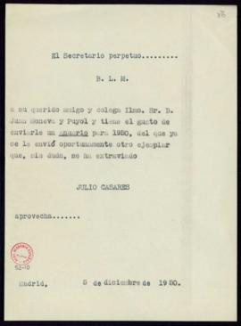 Minuta del besalamano de Julio Casares a Juan Moneva con el que le envía el Anuario de 1950