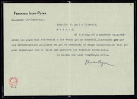 Carta de Fernando Íscar-Peyra a Emilio Cotarelo con la que le remite las papeletas con las voces ...