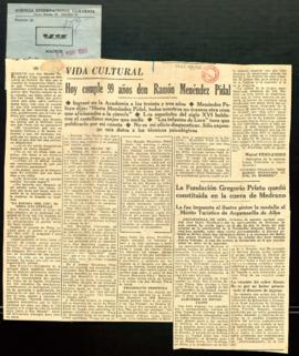 Recorte del diario Ya con el artículo Hoy cumple 99 años don Ramón Menéndez Pidal, por Miguel Fer...