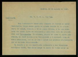 Minuta de la carta de Lorenzo García a C. F. A. van Dam en la que, en ausencia del secretario, ac...