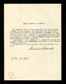 Copia firmada de la carta de respuesta enviada por Emilio Cotarelo al Banco Español de Crédito en...
