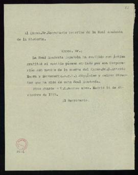 Copia sin firma del oficio del secretario [Emilio Cotarelo] al secretario interino de la Real Aca...