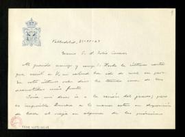 Carta de Narciso Alonso Cortés a Julio Casares para informarle de que no irá a la sesión del juev...