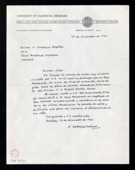 Carta de Antonio Rodríguez-Moñino al secretario de la Real Academia Española en la que manifiesta...