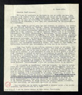Copia de la carta de Luis Ortega a José Antonio sobre la muerte de Zenobia