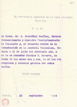 Minuta del besalamano del secretario, Julio Casares, a Cristóbal Benítez, enviado extraordinario ...