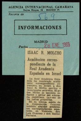 Recorte del diario Informaciones con la noticia del nombramiento de Isaac R. Molho académico corr...