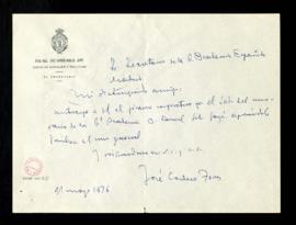 Carta de José Cordero Torres al secretario de la Real Academia Española en la que anticipa el pés...
