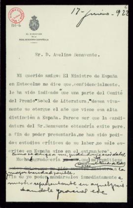 Minuta de la carta de Antonio Maura a Avelino Benavente en la que le pide que le envíe unos estud...