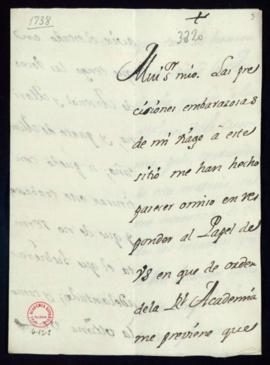 Carta de Agustín de Montiano a Pedro González en la que le recuerda que la Academia le exoneró de...