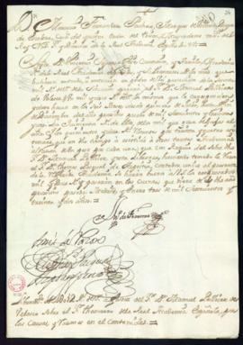Orden del marqués de Villena de libramiento a favor de Manuel Pellicer de Velasco de 1012 reales ...