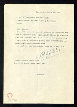 Copia de la carta de Antonio García Navas a José María Revuelta Prieto, director general de Radio...