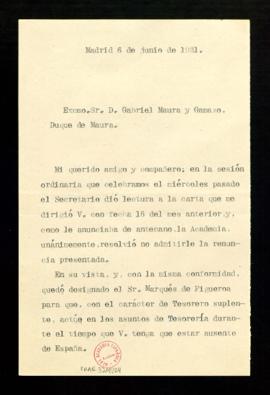 Minuta de la carta de Ramón Menéndez Pidal a Gabriel Maura y Gamazo para comunicarle que la Acade...
