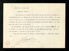 Carta de Julio Casares a Javier en la que le informa de que ha contestado a Ricardo de Arco y le ...