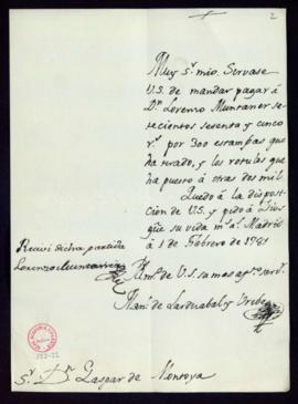 Orden de Manuel de Lardizábal del pago a Lorenzo Muntaner de 665 reales de vellón por el tirado d...