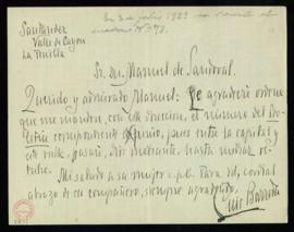 Carta de Luis Barreda a Manuel de Sandoval con la que remite su nueva dirección para que le envíe...