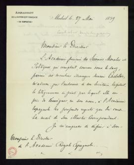 Carta de pésame del embajador francés, [Jules] Patenôtre, al director [el conde de Cheste], con l...