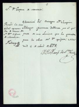 Orden del marqués de Santa Cruz del pago a Matías Ricarte de 1400 reales de vellón por el estampa...