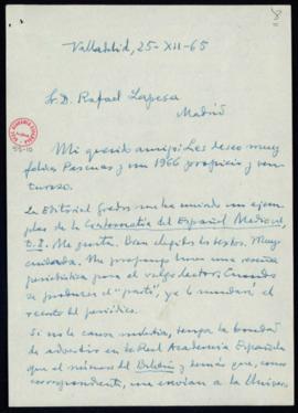 Carta de Emilio Alarcos García a Rafael Lapesa en la que le indica que ha recibido un ejemplar de...