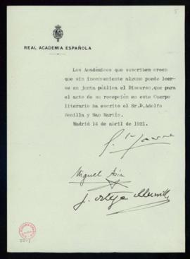 Informe de censura positivo del discurso de recepción de Adolfo Bonilla y San Martín