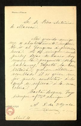 Carta de Adelardo López de Ayala a Pedro Antonio de Alarcón en la que le comunica que no puede ir...