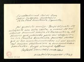 Carta de Rafael Sánchez Mazas a Julio Casares, secretario, con la que le envía el discurso que pr...