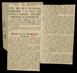 Recorte de prensa de ABC con la noticia Los señores Estrada, marqués de Luca de Tena y García Góm...