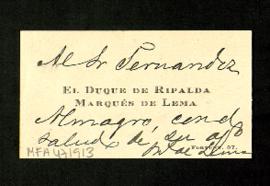 Tarjeta del marqués de Lema con la que manda un saludo a Melchor Fernández Almagro