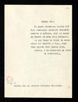 Copia sin firma del oficio del secretario a Armando Cotarelo de traslado de su designación como c...