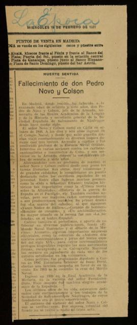 Recorte del diario La Época de 18 de febrero de 1931, con la noticia del fallecimiento de Pedro d...