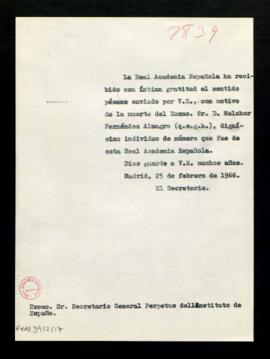 Copia del oficio del secretario [Rafael Lapesa] al secretario general perpetuo del Instituto de E...