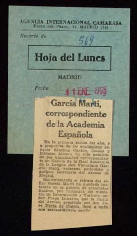 Recorte de La Hoja del Lunes con la noticia del nombramiento de Victoriano García Martí como acad...