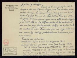 Carta de Juan Moneva a Julio Casares con la que le remite un ejemplar impreso de su Paremiología ...