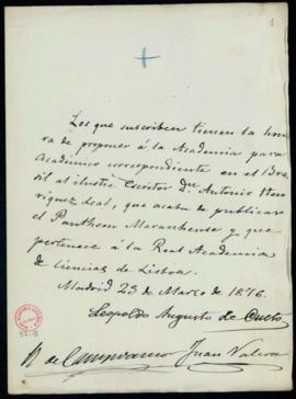 Propuesta firmada por Leopoldo Augusto de Cueto, Ramón de Campoamor y Juan Varela de Antônio Henr...