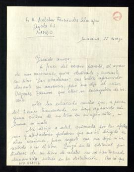 Carta de Carmen Martín Gaite a Melchor Fernández Almagro en la que le dice que le ha extrañado qu...