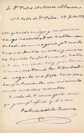 Carta de Patricio de la Escosura a Pedro Antonio de Alarcón en la que le pide verse para tratar d...