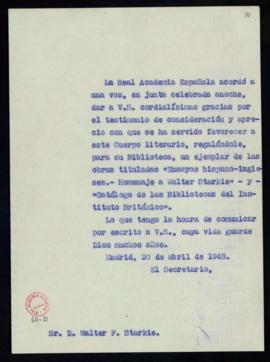 Copia sin firma del oficio de Julio Casares a Walter Starkie de traslado del agradecimiento de la...