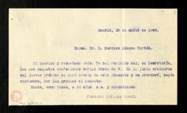 Copia sin firma de la carta de Lorenzo García a Narciso Alonso Cortés en la que le informa de que...