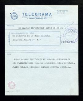 Telegrama de pésame de Jaime Delgado, director general de Cultura Popular y Espectáculos, al dire...