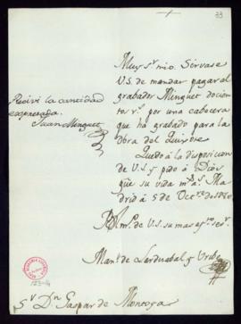 Orden de Manuel de Lardizábal del pago a Juan Minguet de 600 reales de vellón por una cabecera qu...