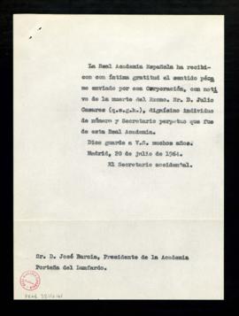 Copia del oficio del secretario accidental, Rafael Lapesa, a José Barcia, presidente de la Academ...