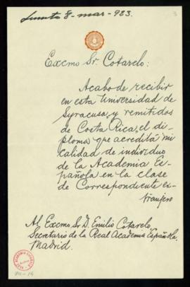 Carta de Roberto Brenes Mesén a Emilio Cotarelo, secretario, en la que acusa el recibo de su comu...