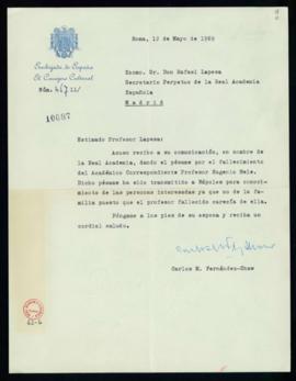Carta de Carlos Fernández Shaw a Rafael Lapesa, secretario, en la que acusa recibo del pésame por...