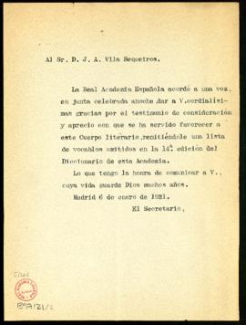 Minuta de la carta del secretario [Emilio Cotarelo] a J. A. Vila Sequeiros de traslado del agrade...