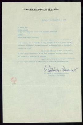 Carta de Humberto Vázquez-Machicado, secretario de la Academia Boliviana, a Julio Casares en la q...