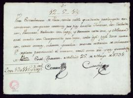 Recibo de Correa y Castroviejo de 1011 reales y tres cuartillos de vellón por una escribanía de p...