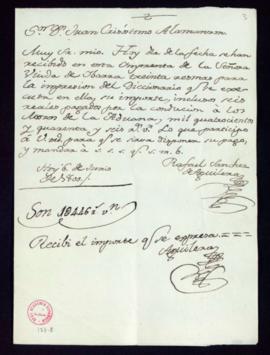Carta de Rafael Sánchez de Aguilera a Juan Crisóstomo Alamanzón sobre la recepción de 30 resmas d...