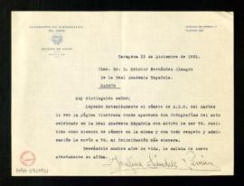Carta de Josefina Sánchez Pemán a Melchor Fernández Almagro en la que le felicita por su ingreso ...