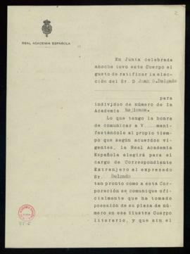 Copia del oficio del secretario a Enrique M. Sobral, secretario de la Academia Mexicana, en el qu...