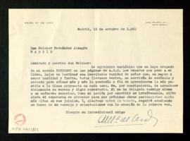 Carta de Ángel María de Lera a Melchor Fernández Almagro en la que le agradece que se haya ocupad...